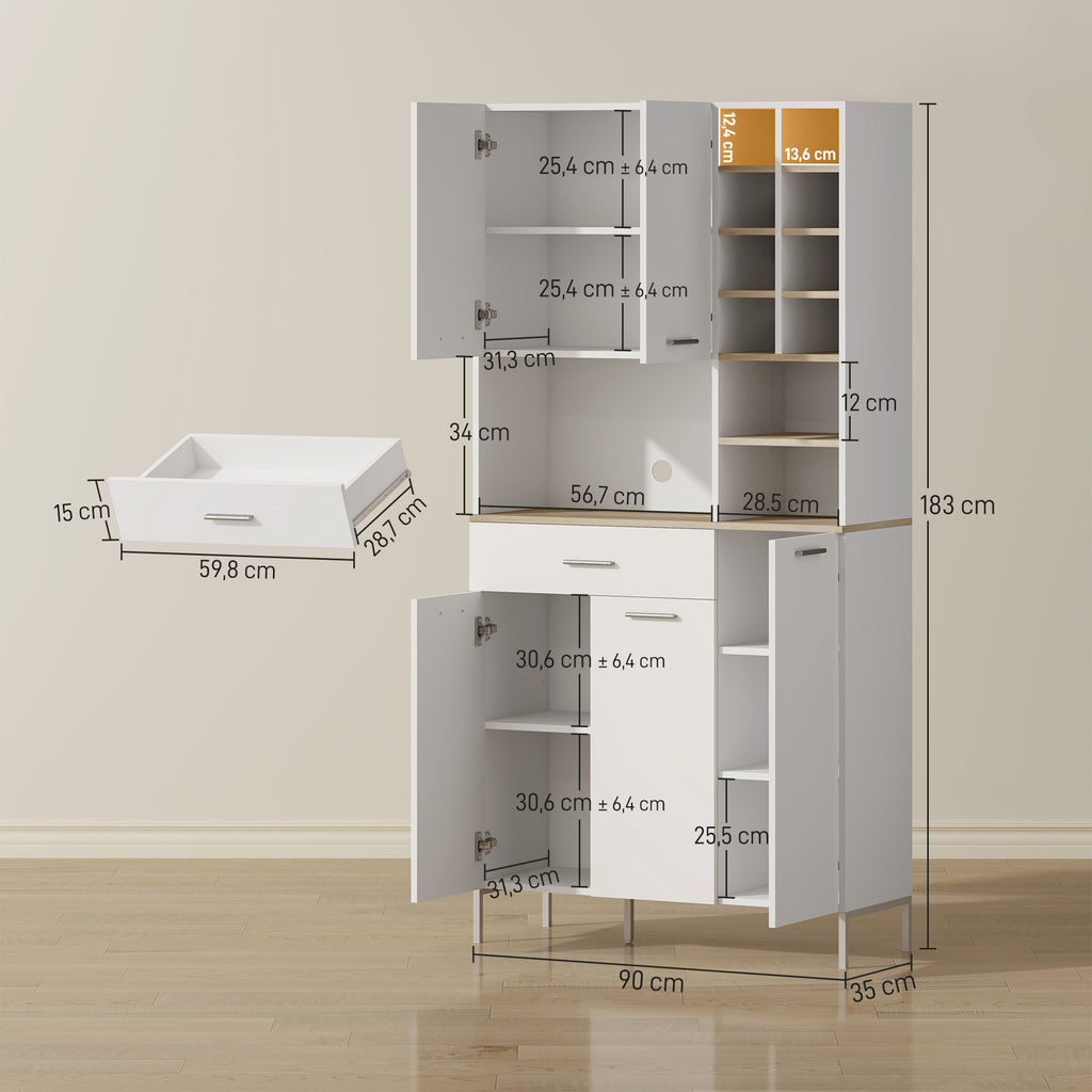 K¨¹chenschrank mit offenen Regalen, F?chern, Weinregal, Vorratsschrank mit 5 Schrankt¨¹ren, MDF, Wei?