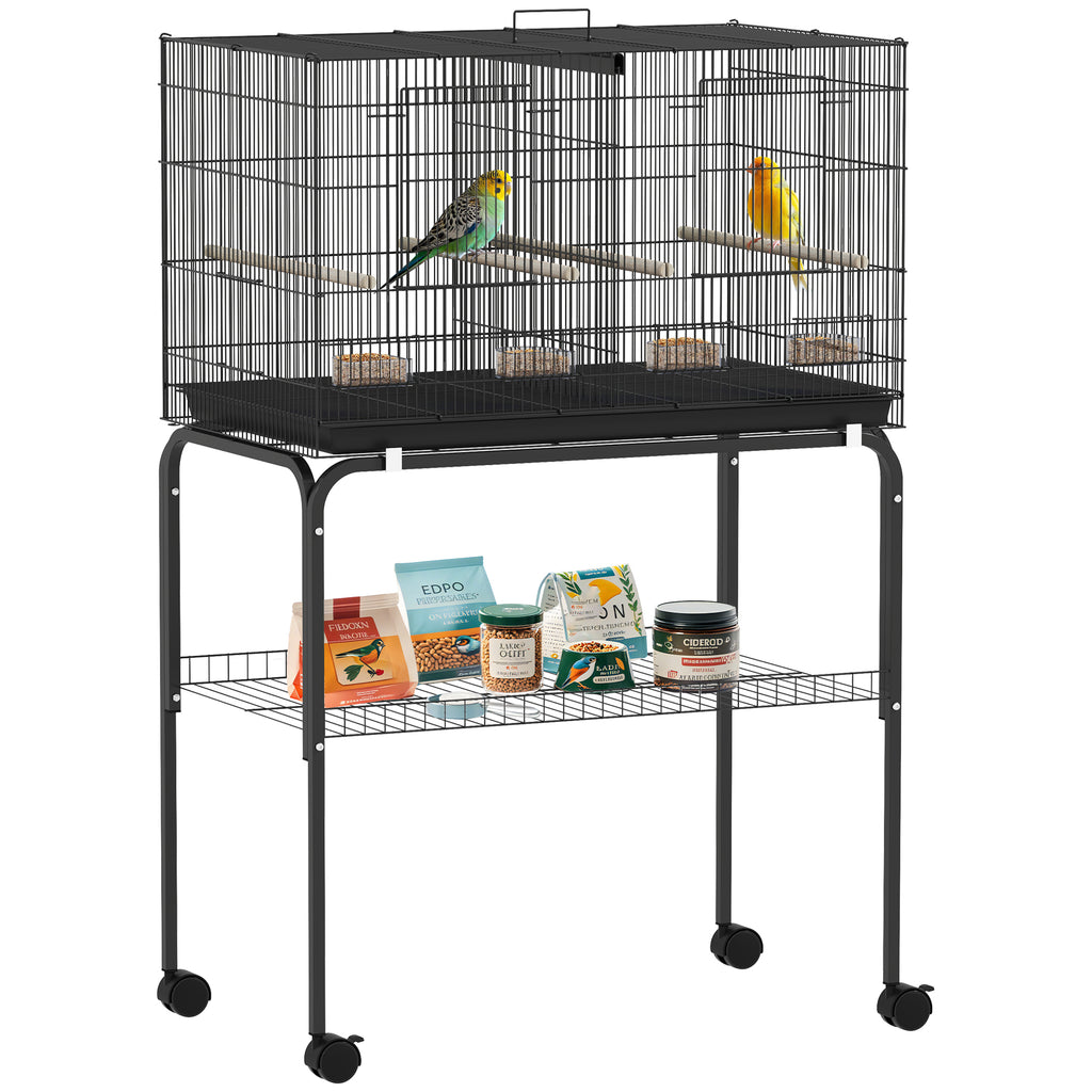 Bird Cage with Divider, 4 Wooden Perches, Slide Out Tray, 4 Feeders, for Budgie, Lovebird, Canary, 76 x 46 x 116cm Black