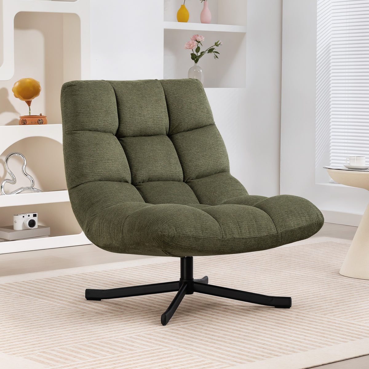 Sessel Drehbar Loungesessel mit Breiter Sitzfläche, wasserabweisend Chenille-Optik, gekreuzt Stahlbeine, Grün