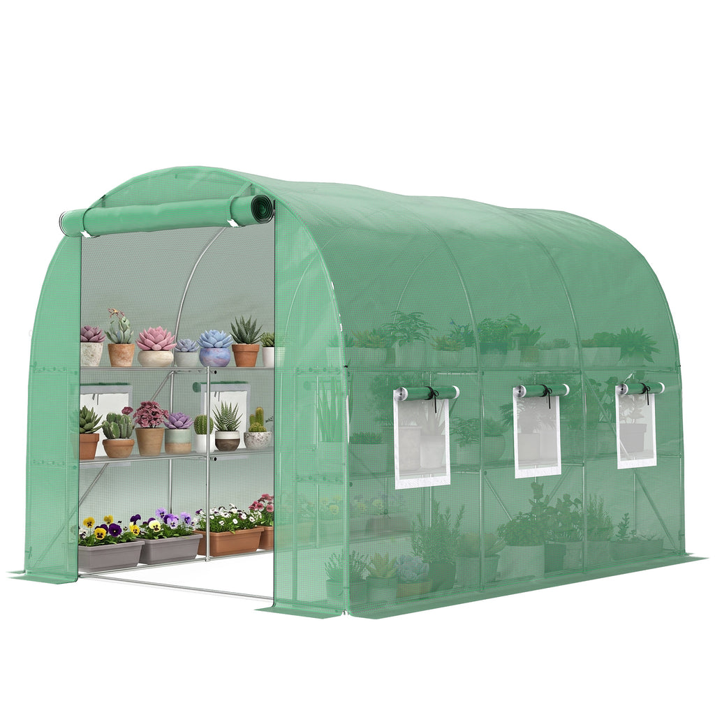 Walk-in Greenhouse with Shelves, Polytunnel Greenhouse with Roll-Up Door, 6 Mesh Windows,198 x 275 x 191 cm, Green