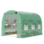 Walk-in Greenhouse with Shelves, Polytunnel Greenhouse with Roll-Up Door, 6 Mesh Windows,198 x 275 x 191 cm, Green