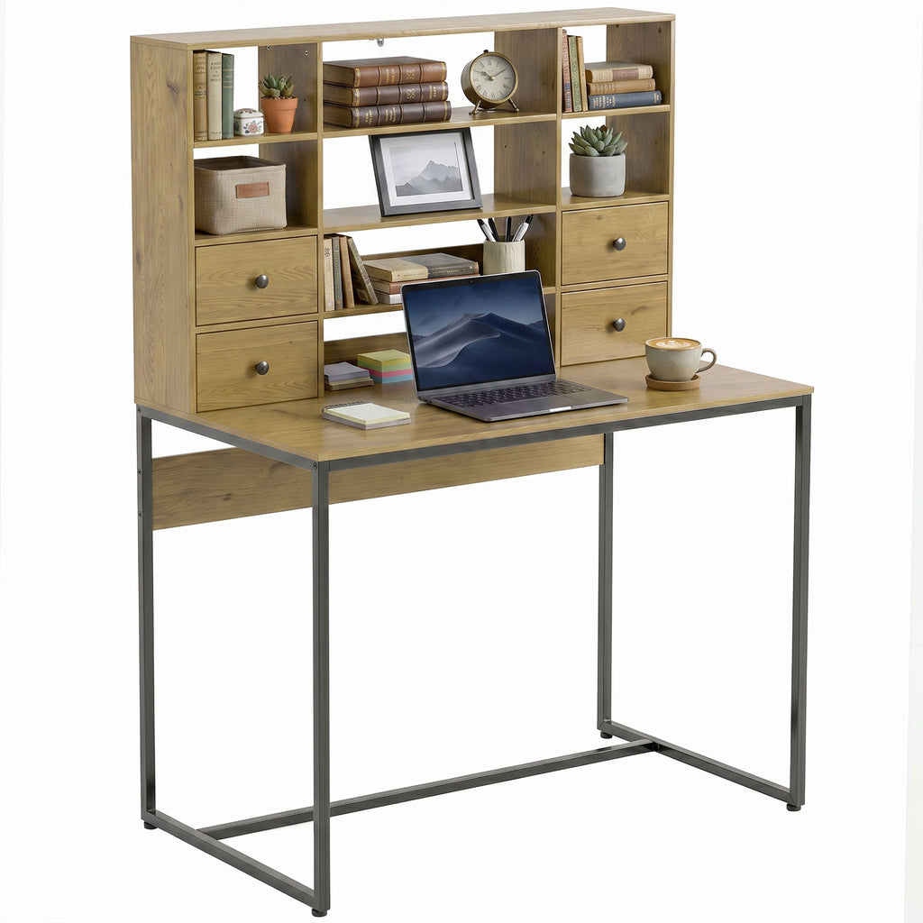 Computertisch mit 4 Schubladen und Regalen, Schreibtisch 105 cm, Naturholz
