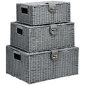 3er-Set Aufbewahrungskörbe aus PE- Rattan, mit Verschluss, Tragegriffen, 35,5 cm x 28,5 cm x 18 cm, Grau