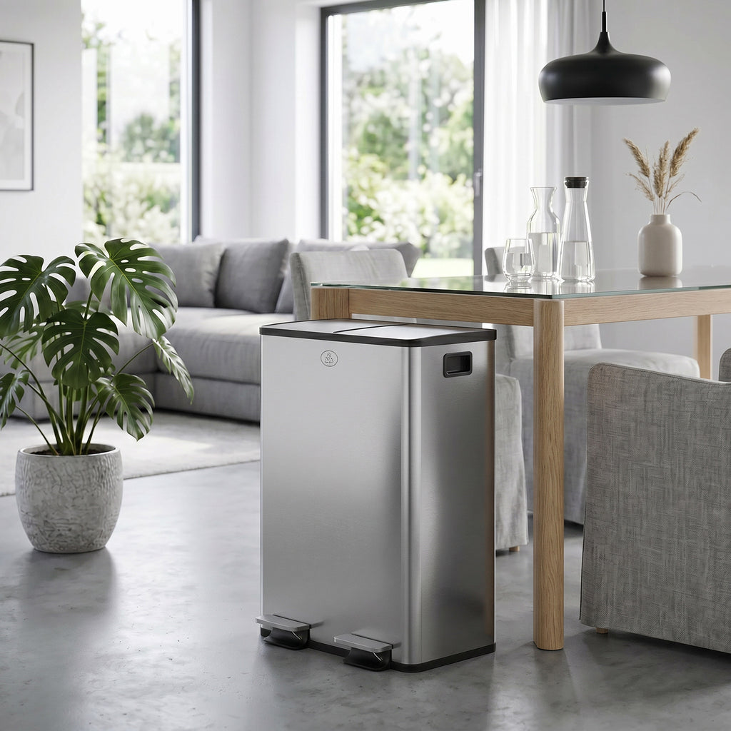 56L Dual Compartment Stainless Steel Bin, with Deodoriser Holders - Silver Tone