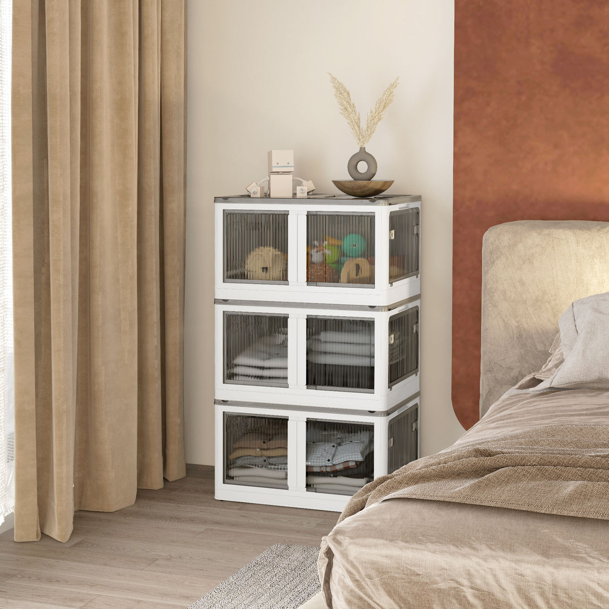 Aufbewahrungsbox, 3er-Set, klappbar, mit Rollen, 60 x 42 x 34 cm, Wei?