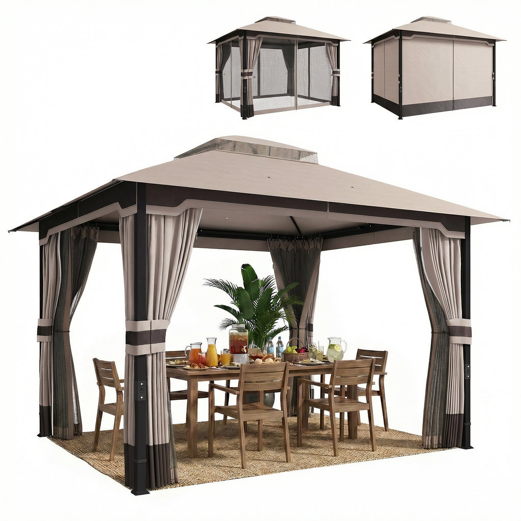 3 x 3.6 m Outdoor Garden Gazebo with Netting and Curtains, Double Roof Patio Gazebo Permanent Pavilion, Khaki