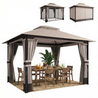 3 x 3.6 m Outdoor Garden Gazebo with Netting and Curtains, Double Roof Patio Gazebo Permanent Pavilion, Khaki