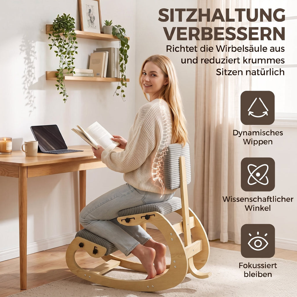 Ergonomischer Kniestuhl mit Rückenlehne, Cord-Optik, Grau