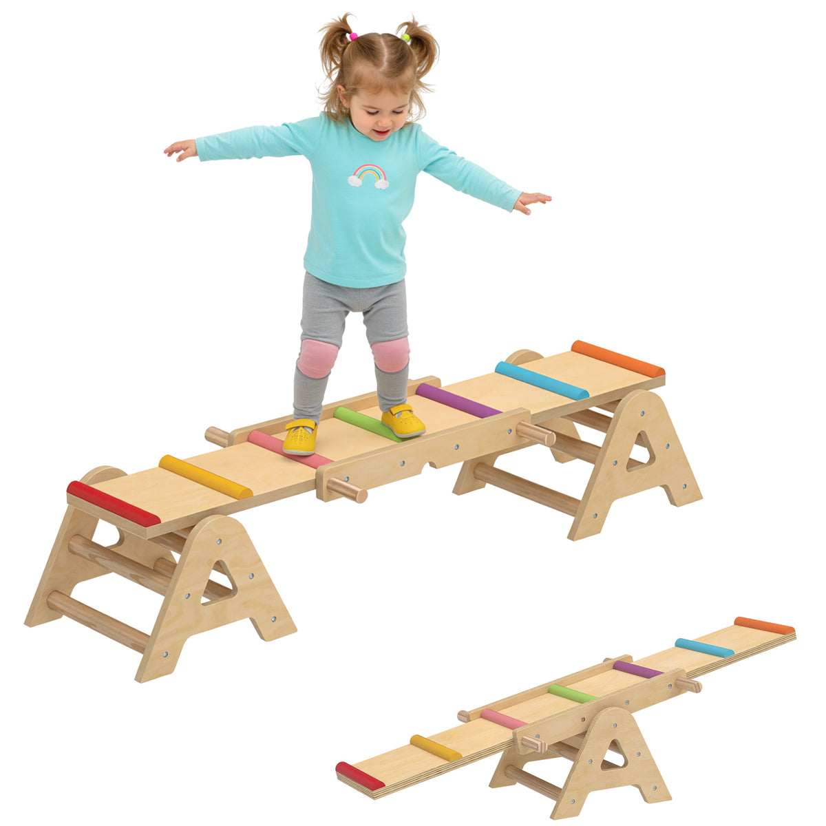 2 In 1 Balance Wippe Kinder, Schwebebalken aus Holz, Wippe Schaukelwippe Garten, Balance Board 133 x 38 x 24 cm