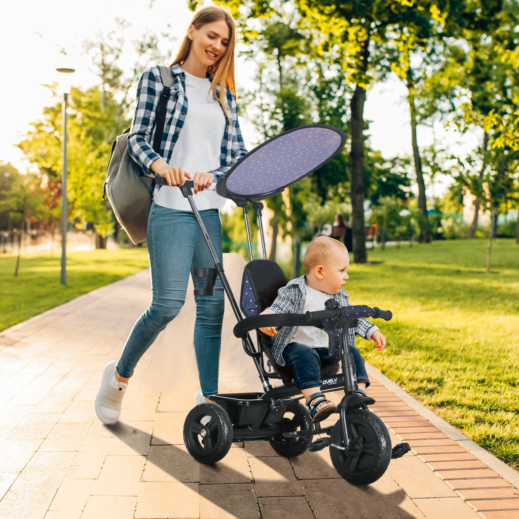 6 in 1 Tricycle for Kids with 5-point harness straps, Removable Canopy, Dark Blue