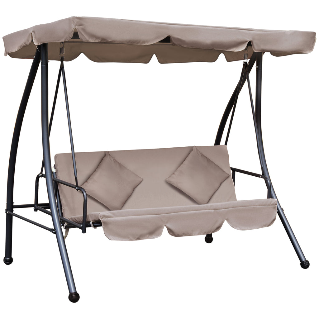 Outdoor 2-in-1 Swing Chair Lounger 3 Seater Garden Swing Seat Bed Convertible Tilt Canopy W/ Cushion, Beige