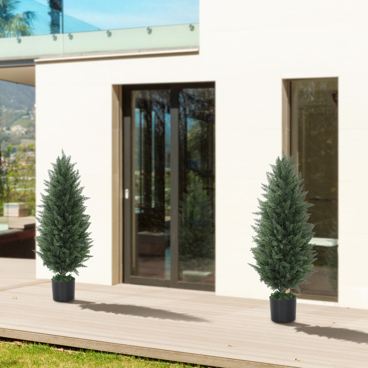 2er-Set K¨¹nstliche Zypressen, Kunstb?ume mit 831 Bl?ttern, mit Zementtopf, UV-best?ndig, Kunstpflanze, 90 cm, Gr¨¹n
