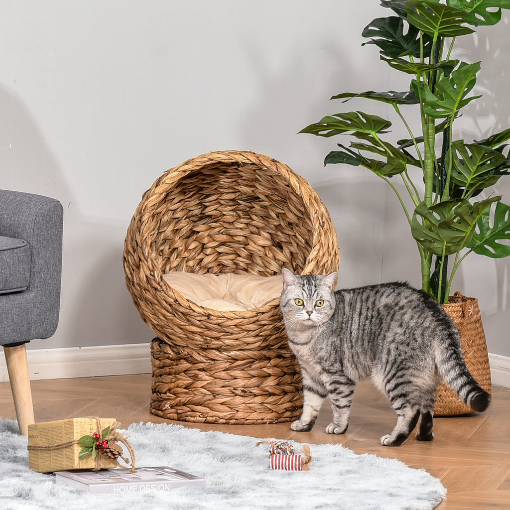 Woven Banana Leaf Elevated Cat Bed Wicker Kitten Basket Pet Den, House Cosy Cave with Soft Cushion Dome 50x42x60cm Brown