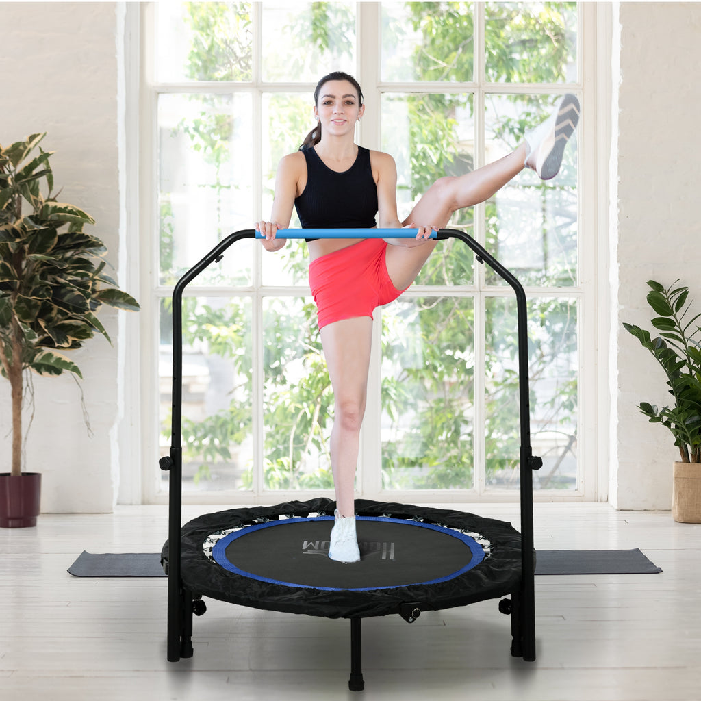 40" Foldable Mini Fitness Trampoline, with Adjustable Foam Handle, Blue