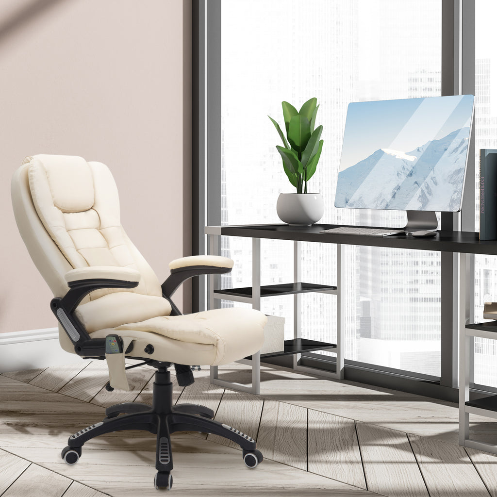 Bürostuhl mit Massagefunktion, Wärmefunktion, höhenverstellbar, Kippfunktion, Massage-Bürostuhl, Cremeweiß + Schwarz