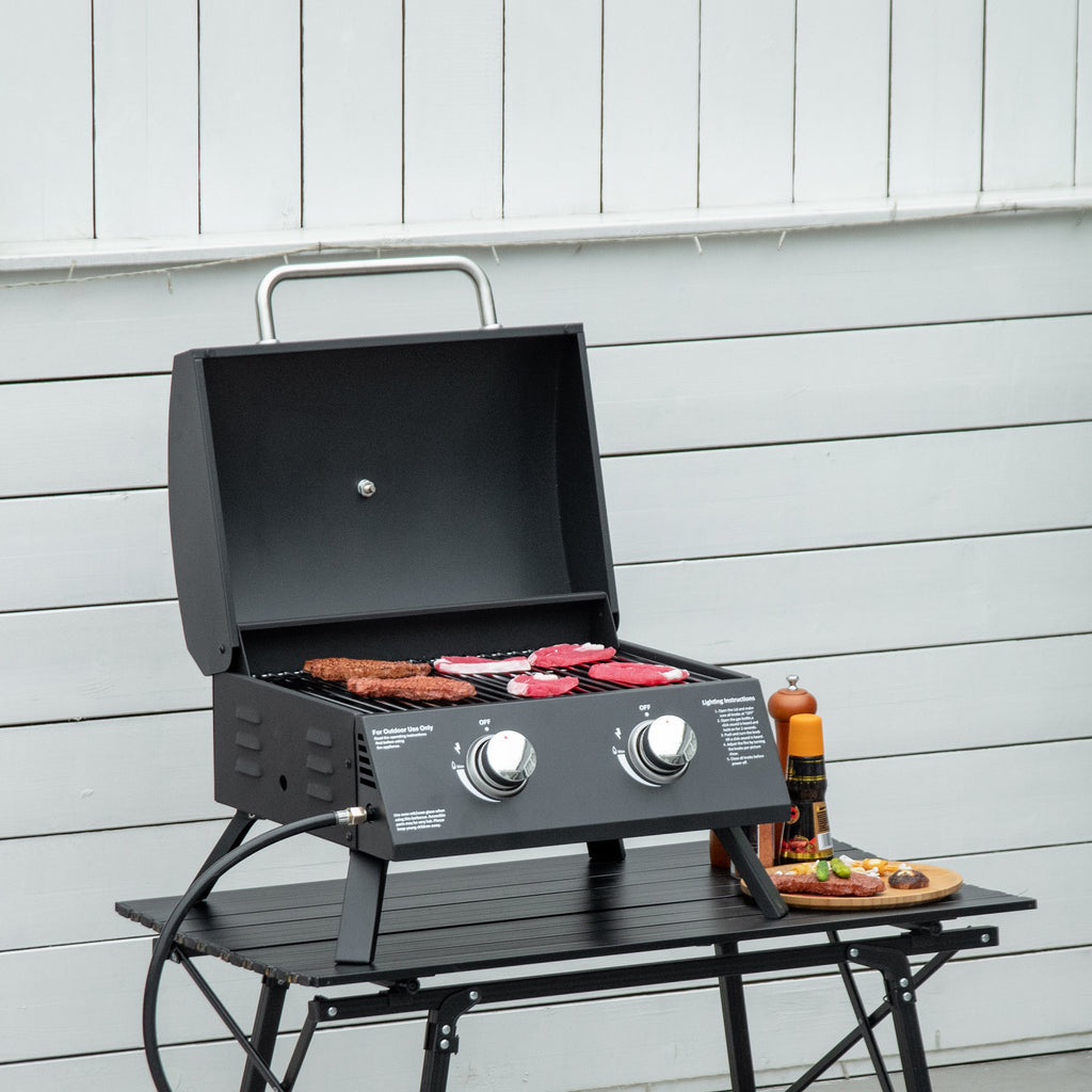Tischgrill Gasgrill BBQ mit 2 Brennern mobiler Grillwagen Grillnetz klein Outdoor Tischgasgrill Picknick mit Druckminderer Schlauch Edelstahl Schwarz 55 x 46,5 x 41 cm