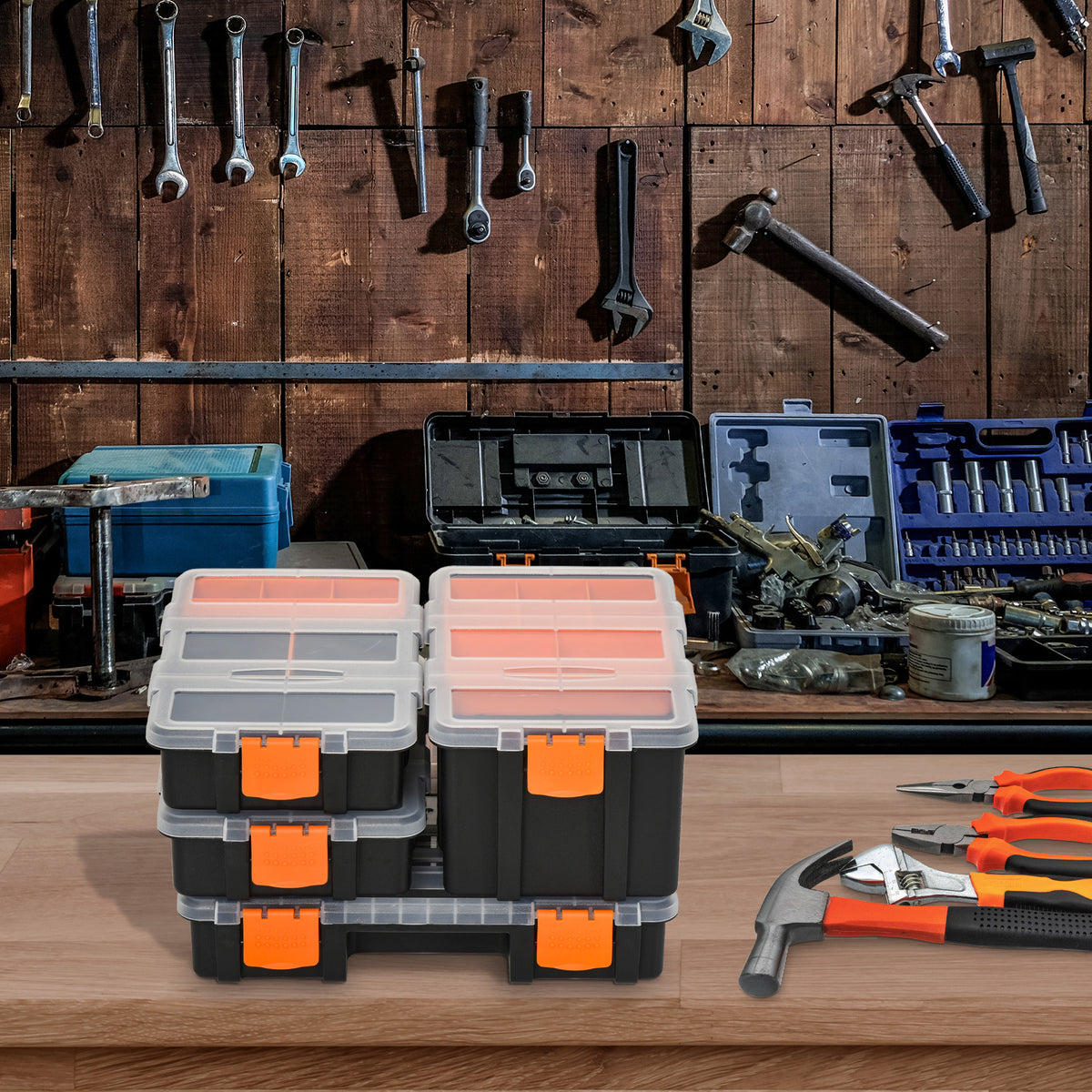 Set Of 4 Plastic DIY Tool Storage Boxes w/ Inside Dividers Locking Lids Home Garage Organisation Stacking Arts Crafts Bolts Black Orange