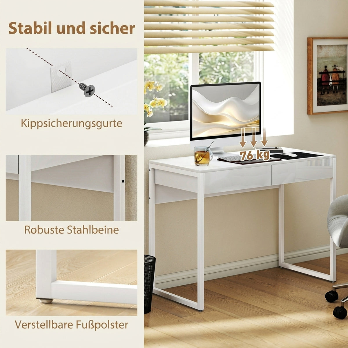 Schreibtisch 100 x 50 cm Computertisch Bürotisch mit 2 Schubladen, für kleine Räume, Weiß