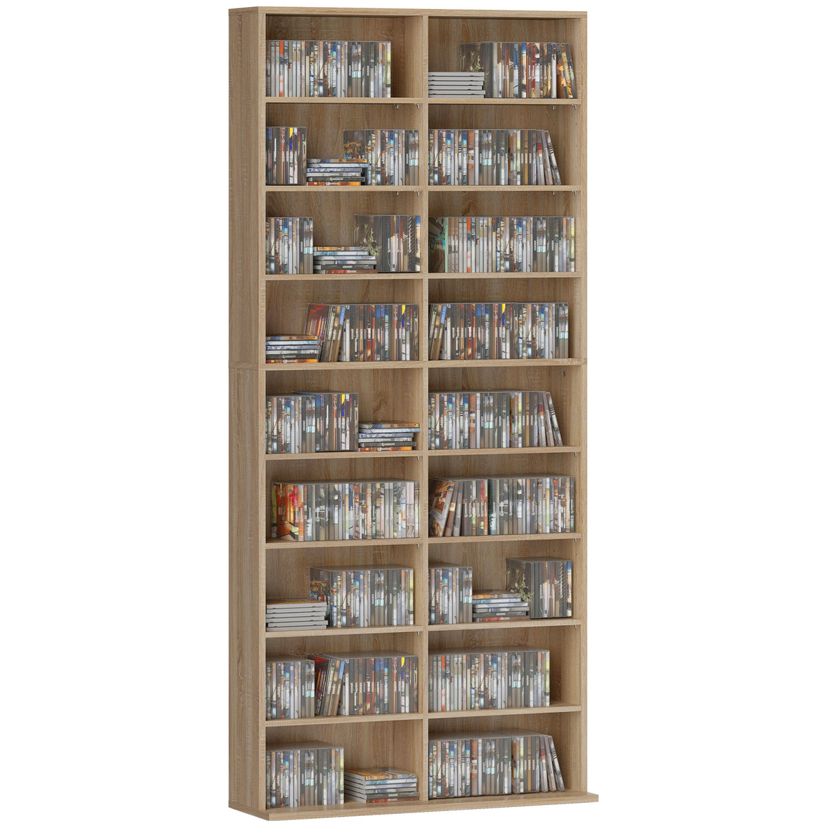 9-stufiges DVD-Regal mit 18 Fächern und 14 verstellbaren Einlegeböden, Platz für 640 CDs, 360 DVDs oder 430 Blu-rays, Naturholz
