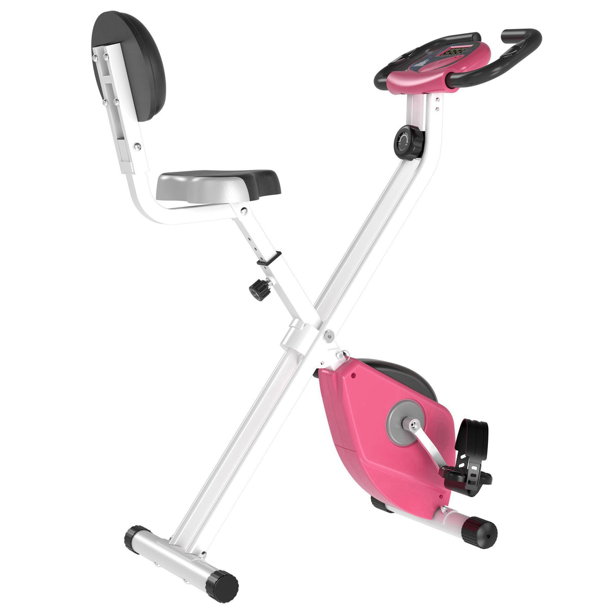 Heimtrainer Fahrradtrainer klappbar Magnetisch Hometrainer Fahrrad mit LCD Monitor, 8 stufig einstellbarem Magnetwiderstand Räder, Leise Platzsparend Fitnessbikes für Zuhause Rosa+Weiß