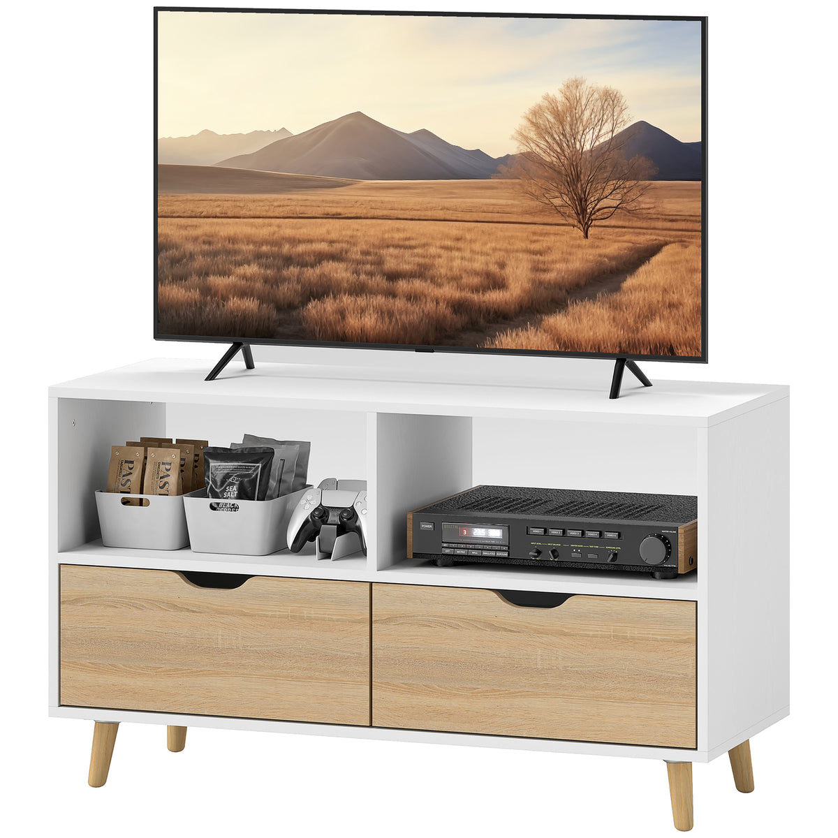TV-Schrank, TV-Kommode mit Schubladen, Offene Regale, Holz, 99 x 39 x 58 cm, Wei?