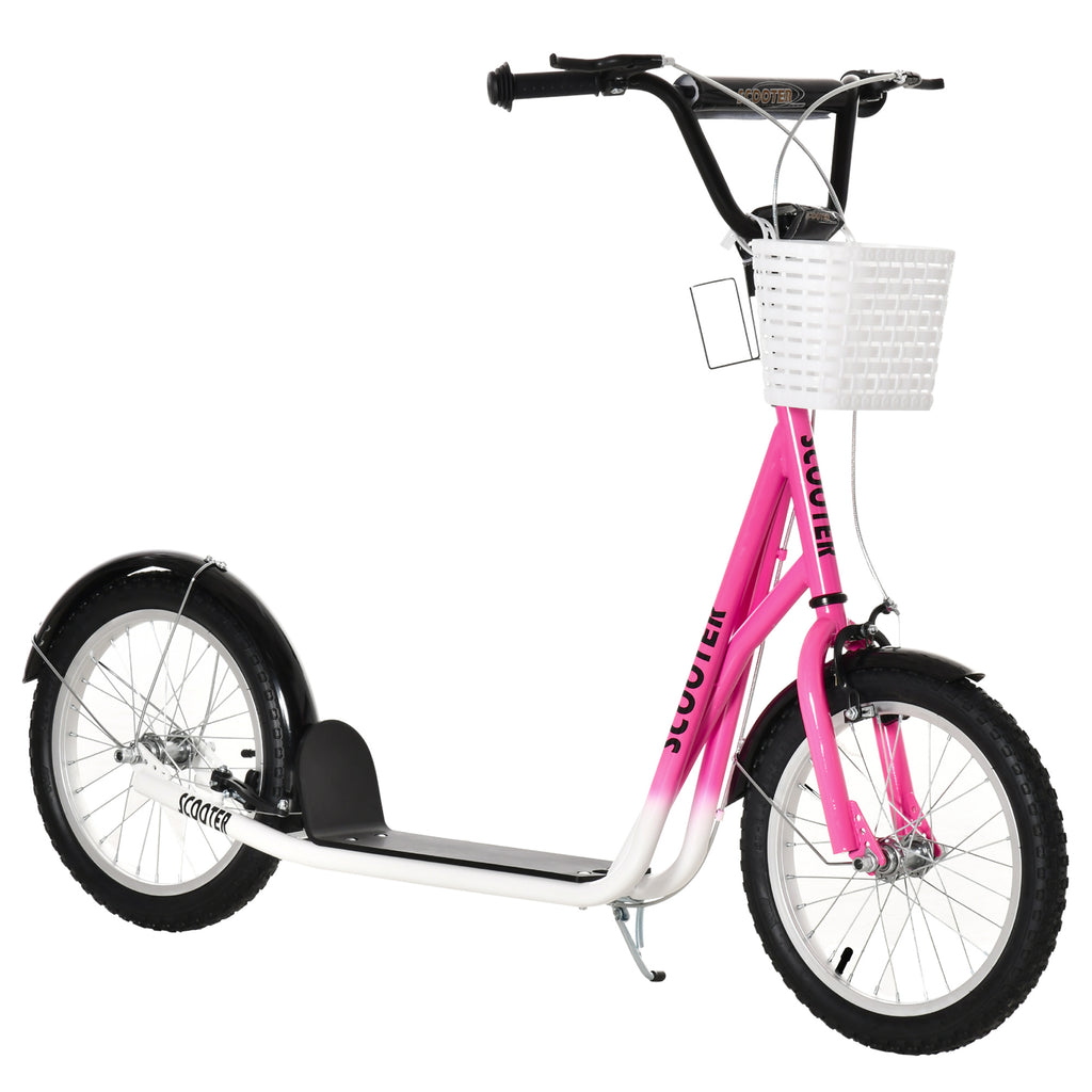 Kinderroller Tretroller mit Bremse, inkl. Korb, höhenverstellbar, für Kinder von 5 bis 12 Jahren, Weiß + Pink