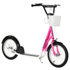Kinderroller Tretroller mit Bremse, inkl. Korb, höhenverstellbar, für Kinder von 5 bis 12 Jahren, Weiß + Pink