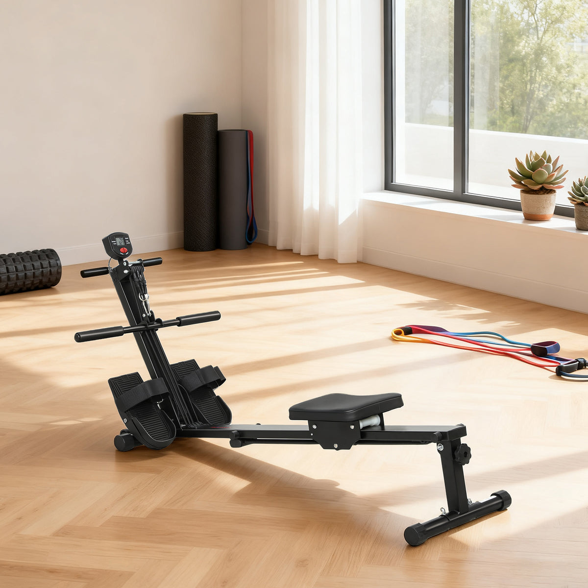 Rudermaschine, Ruderger?t f¨¹r Zuhause, LCD-Monitor, Sitzkissen, 150 kg Belastbarkeit, leiser Betrieb, Stahl, Schwarz