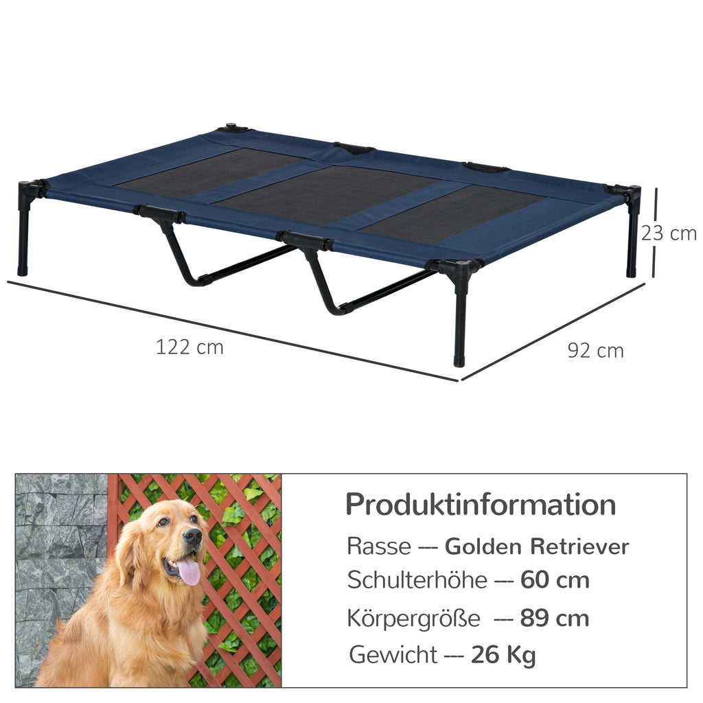Hundebett, faltbar, Outdoor-Hundebett, erhöhter Stand, 122 cm x 92 cm x 23 cm, Blau + Schwarz