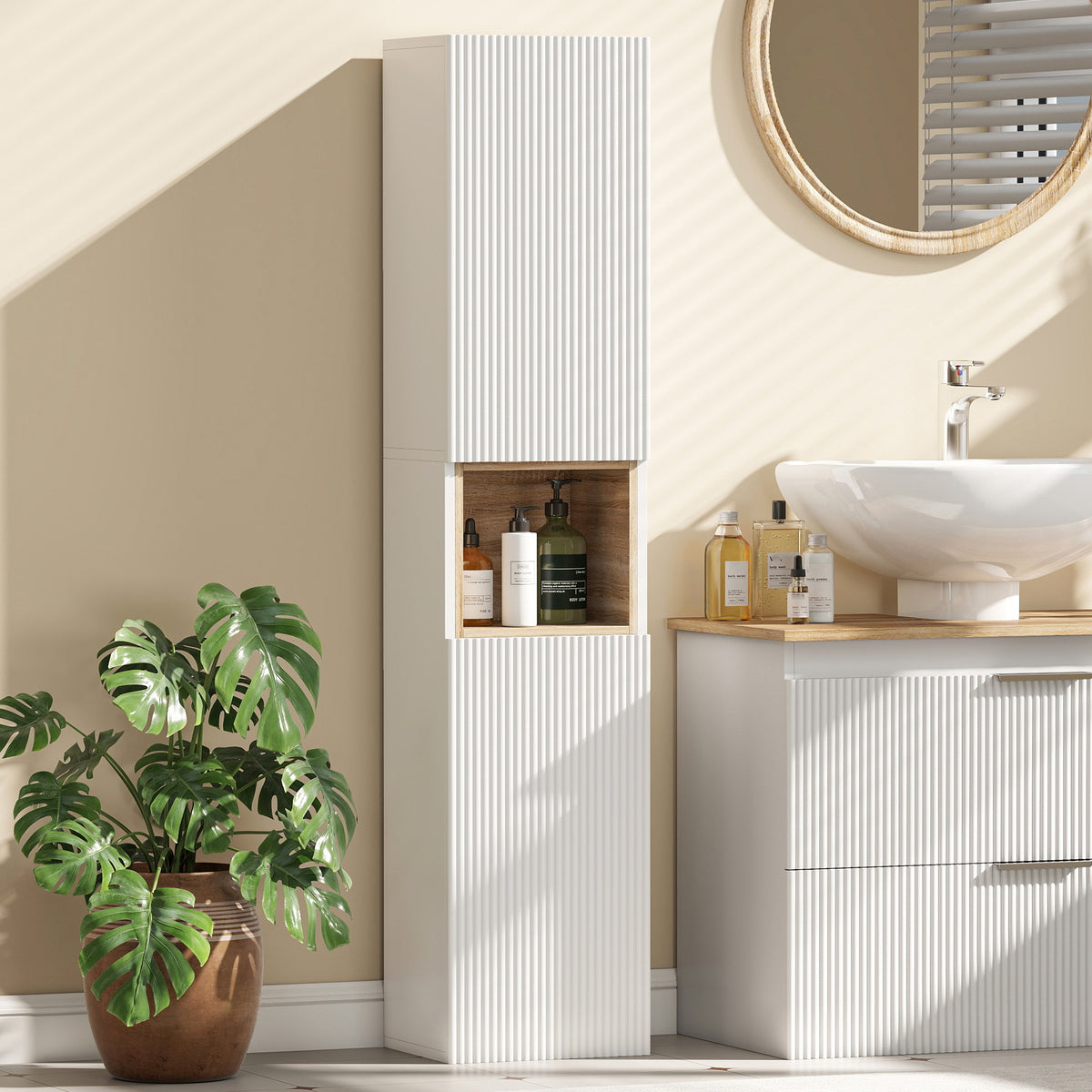 Badezimmerschrank, freistehend mit 2 Türen und offenem Regal, Weiß