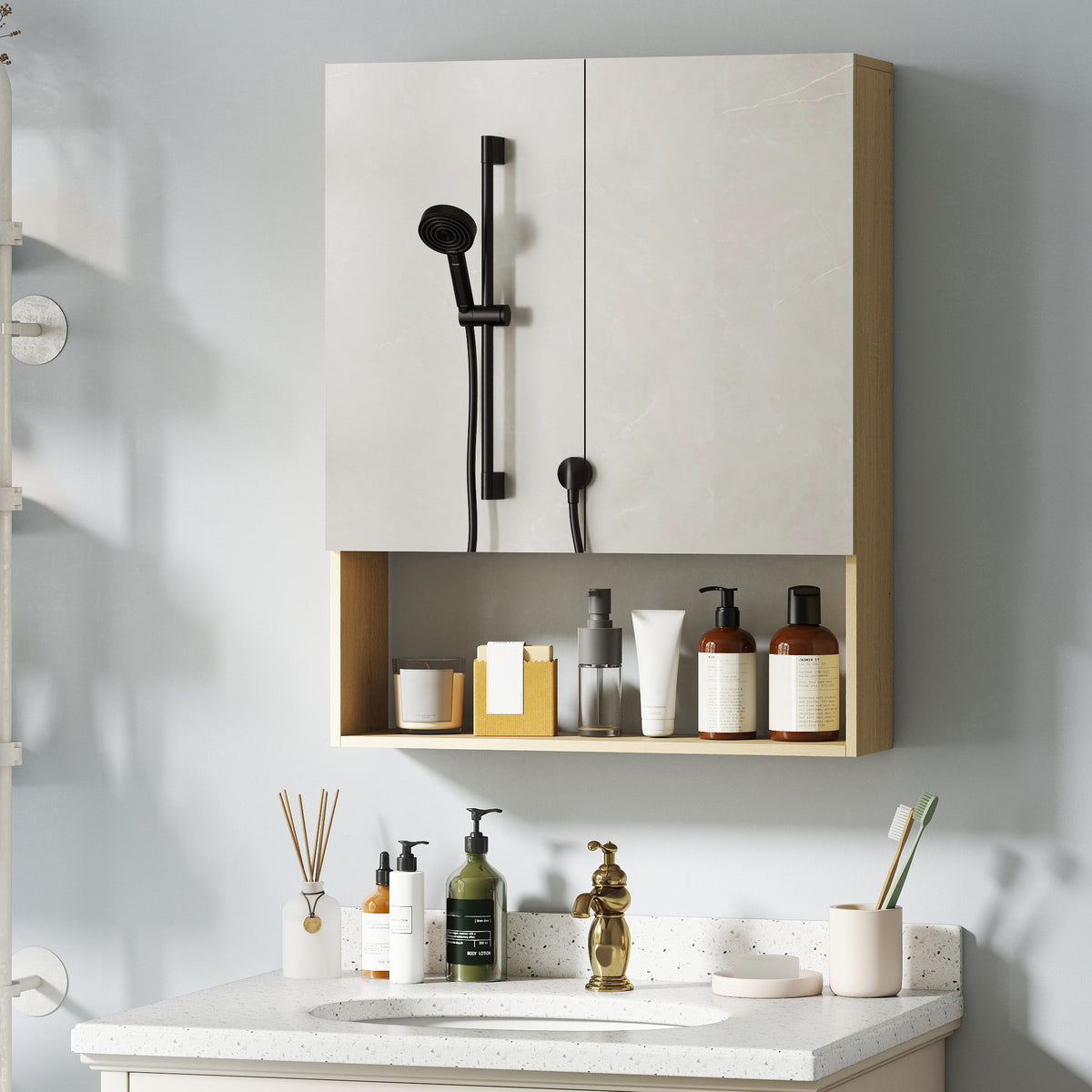Badezimmerschrank, Spiegelt¨¹ren, offenes Regal, Wandmontage, MDF, Spanplatte, Eiche