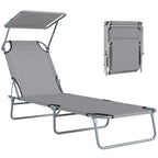 Folding Sun Lounger with Canopy, Reclining Sunbed with 4-Position Adjustable Backrest, 600D Oxford Cloth, Portable Garden Lounger Recliner Chair for Beach, Camping, Patio, Light Grey