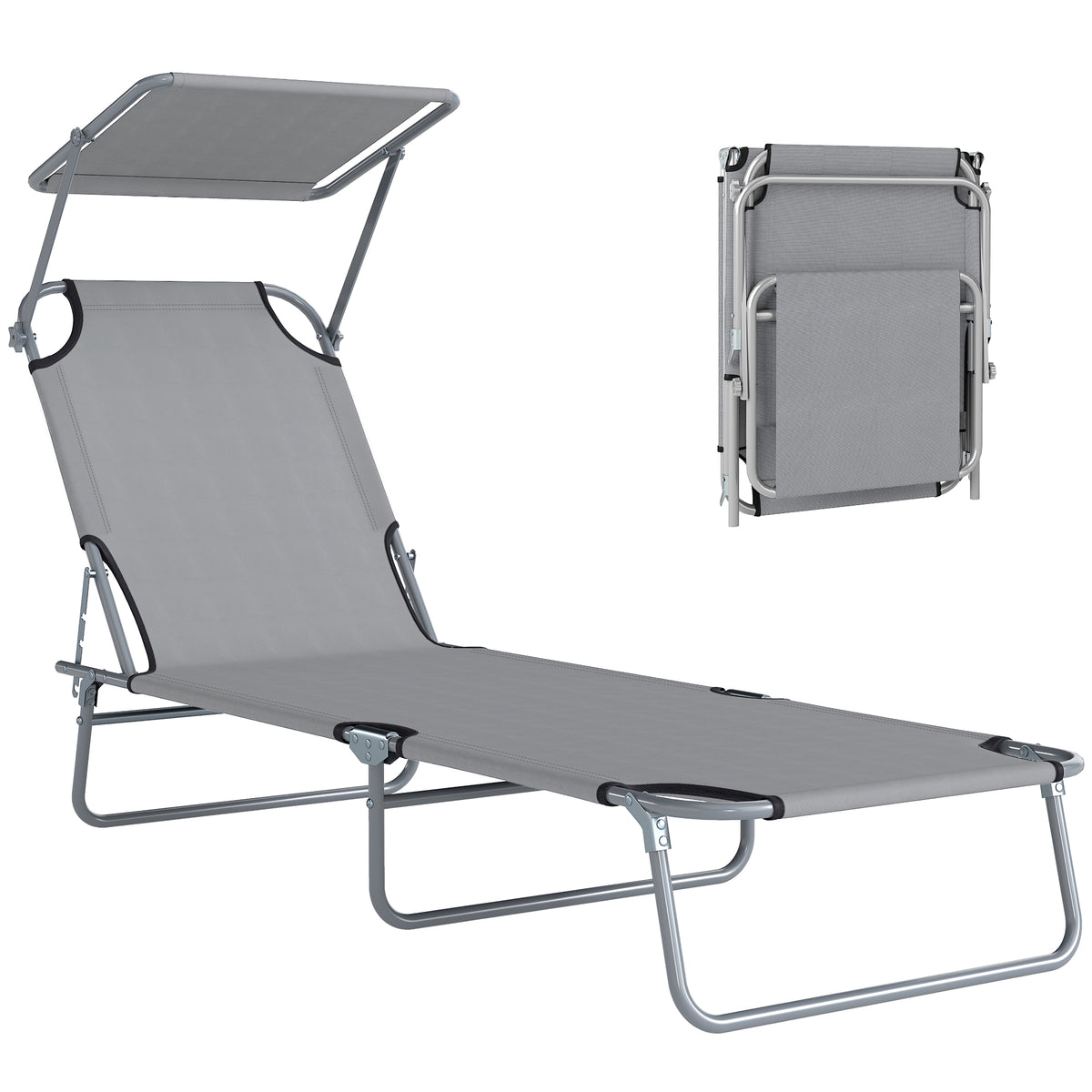 Folding Sun Lounger with Canopy, Reclining Sunbed with 4-Position Adjustable Backrest, 600D Oxford Cloth, Portable Garden Lounger Recliner Chair for Beach, Camping, Patio, Light Grey