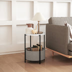 Runder Beistelltisch mit Stoffkorb, 2-stufiger Kaffeetisch f¨¹r Wohnzimmer, Schlafzimmer, kleine R?ume, Metall, Grau+Wei?