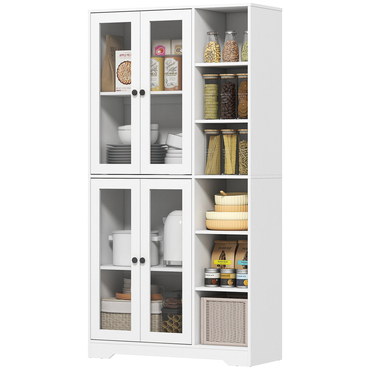 K¨¹chenschrank mit Glast¨¹ren, Regale, offene Ablagen, 172 cm gro?, MDF, Wei?