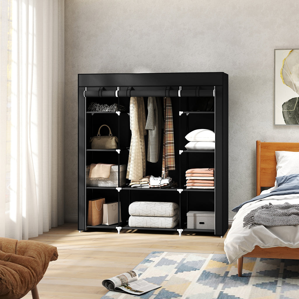 Stoffschrank aus Vlies, Faltschrank, 1 Kleiderstange, 9 Regale, 150 cm x 43 cm x 162,5 cm, Schwarz