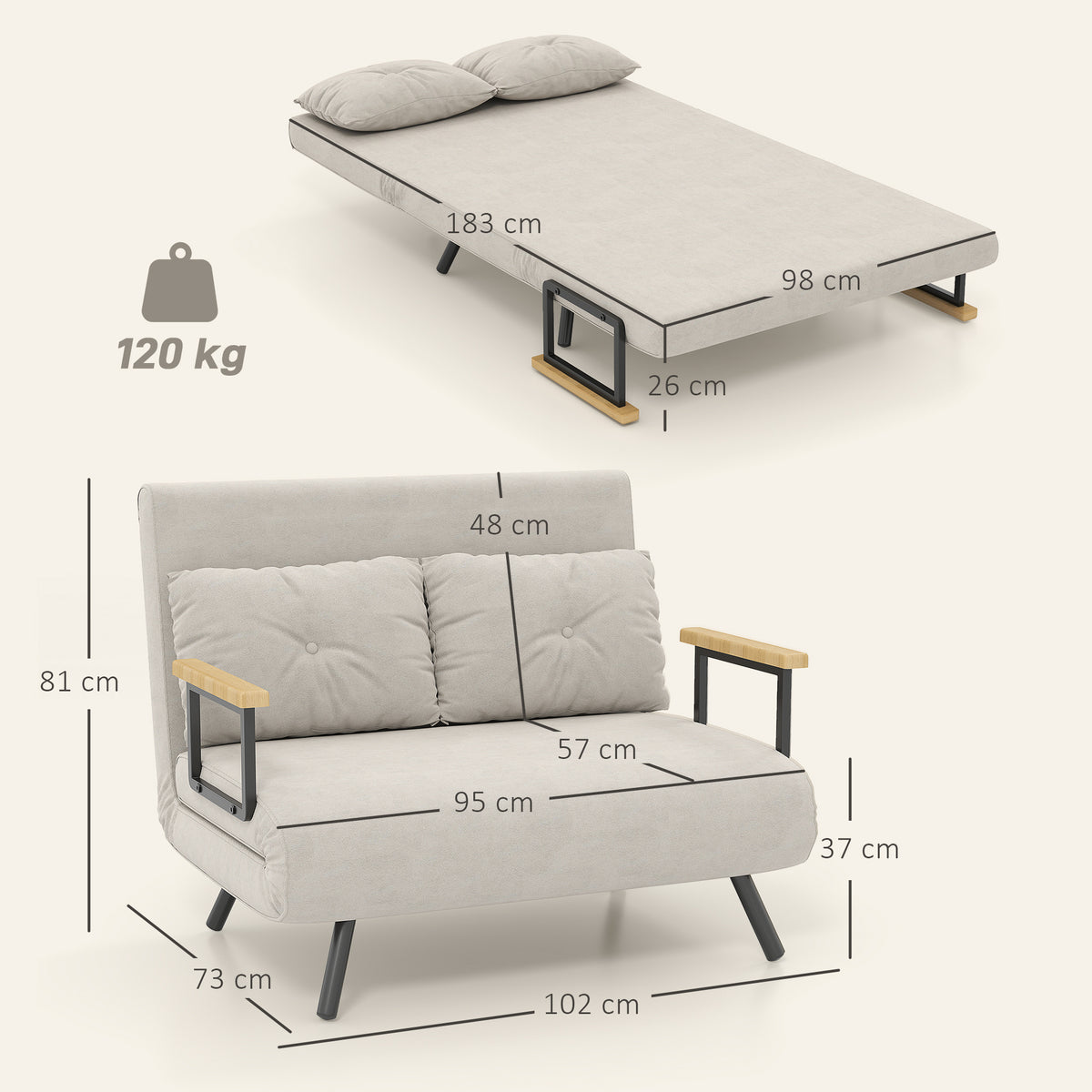 Schlafsofa 2er-Sofa Samtsofa, Schlaffunktion, inkl. 2 Kissen, Samtoptik, Natur + Beige + Schwarz