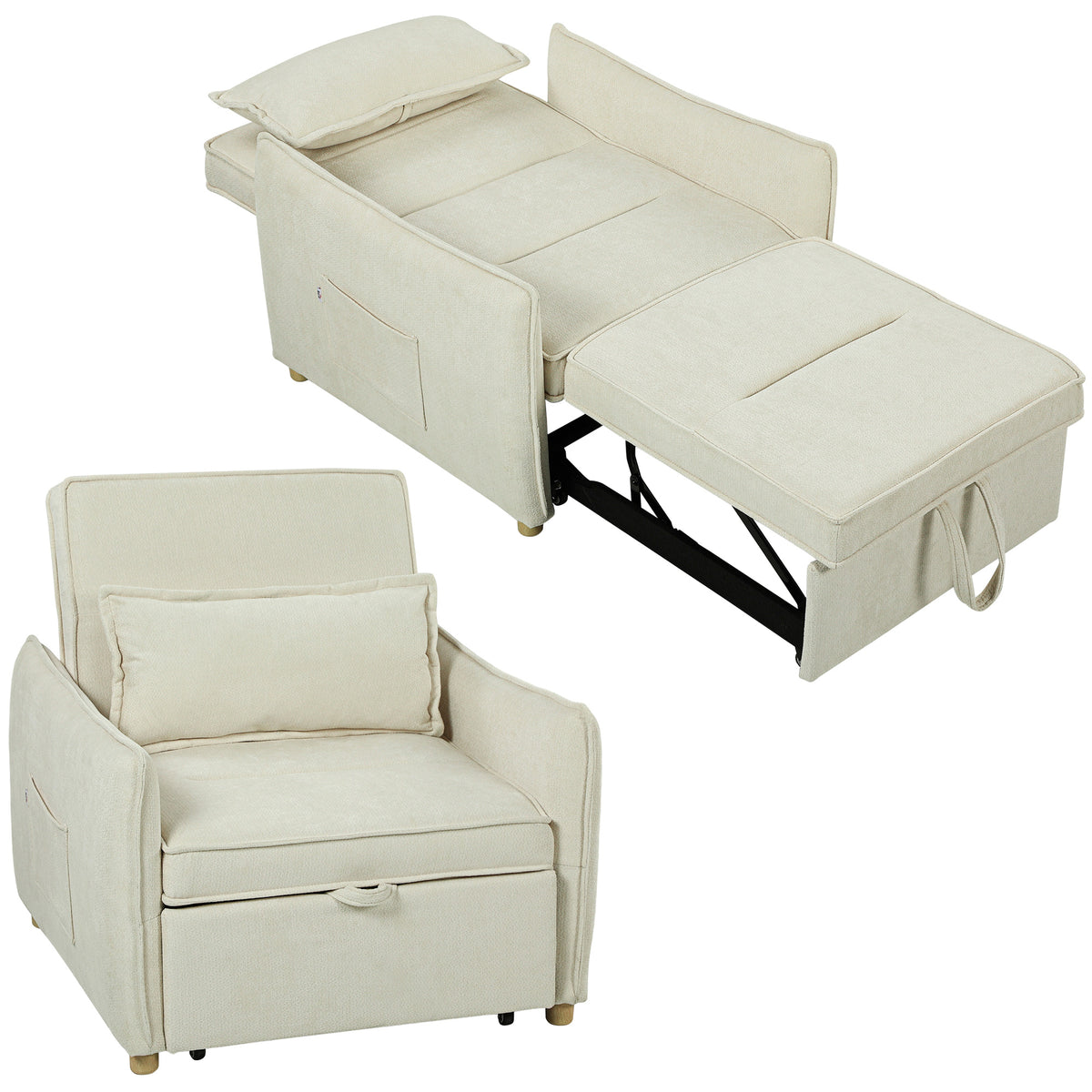 Schlafsessel 3 in 1 Umwandelbarer Sessel mit Bettfunktion, Lendenkissen, für Wohnzimmer Creme