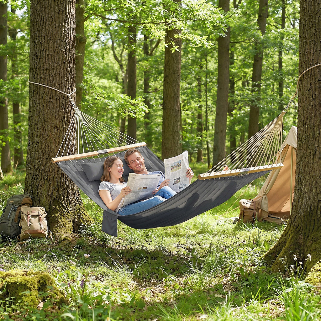 Double Hammock 2 Person Swing Bed with Spreader Bars, Pillows, Pad, 200 x 140cm, Grey
