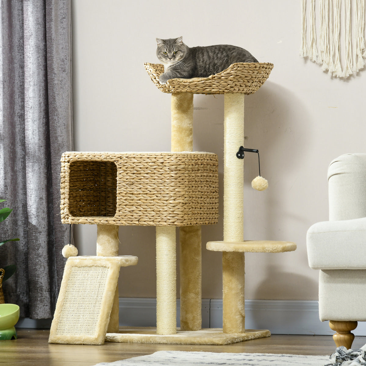 95cm Cat Tree Tower for Indoor Cats, with Scratching Post, Cat House, Toy Ball, Platform - Beige