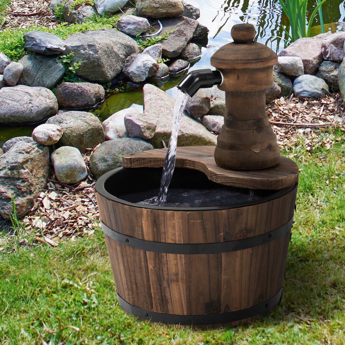 Gartenbrunnen Springbrunnen Zierbrunnen Fassbrunnen Wasserfall Holzeimer Tannenholz + Metall Naturholz Ø27 x 37 cm
