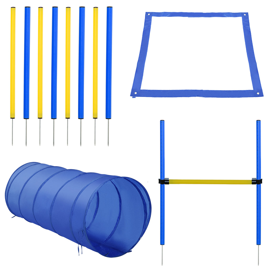 Agility Set Hunde, 4-teiliges Agility Ausrüstung mit Hundetunnel, Hürden, 8 Slalomstangen, Startfeld, Aufbewahrungstasche, Steckhürdenset für Hundetraining, Trainingsset für Hunde Gelb+Blau