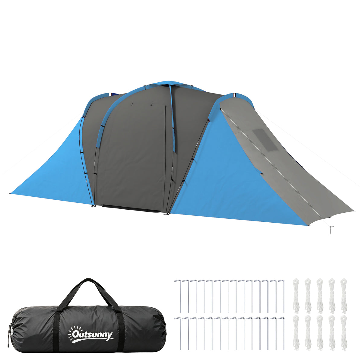 Large Camping Tent Tunnel Tent with 2 Bedroom and Living Area, 2000mm Waterproof, Portable with Bag for 4 Man, Blue