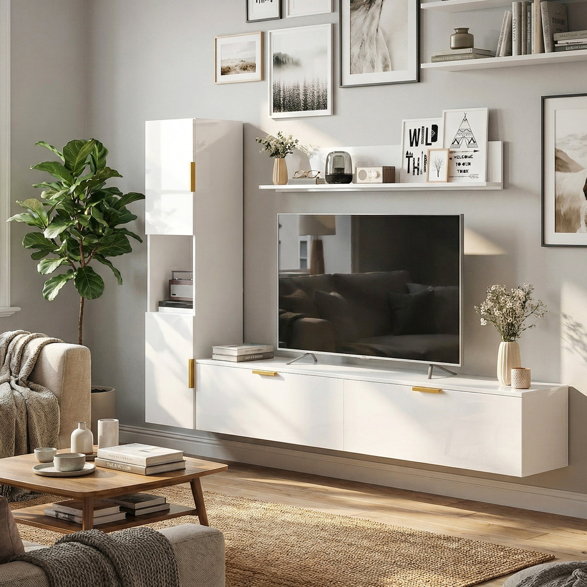 Schwebendes TV-Board mit Klapptüren Entertainment-Center Wandregal Schrank 180 cm Hochglanz Weiß