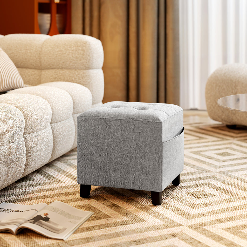 Quadratischer Hocker, kleiner Ottoman mit Seitentasche, Fußstütze aus Stoff in Leinenoptik mit Gummibaumholzbeinen, Hellgrau