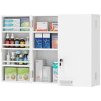 Wall Mount Medicine Cabinet with Key Lock, 3 Tier First Aid Cabinet with 2 Doors and 11 Storage Compartments, White