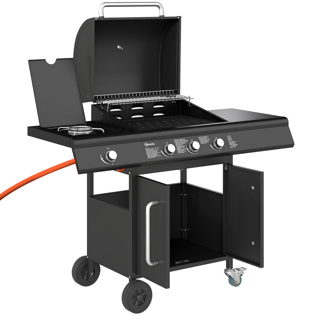 Fahrbarer Gasgrill mit Stauraum, Seitentisch, Seitenbrenner, Warmhalterost, Thermometer, Edelstahl, Schwarz