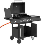 Fahrbarer Gasgrill mit Stauraum, Seitentisch, Seitenbrenner, Warmhalterost, Thermometer, Edelstahl, Schwarz