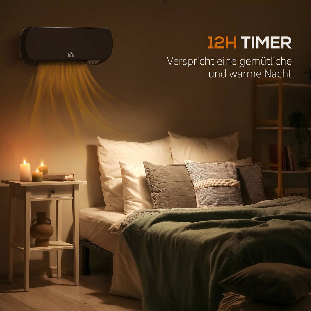 Heizlüfter zur Wandmontage 2000W mit Fernbedienung 2 Heizmodus LED-Display 12h Timer für Badezimmer