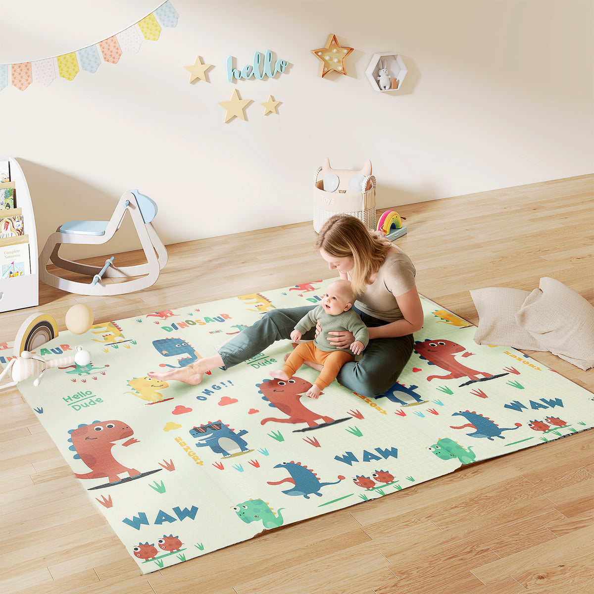 Baby Play Mat, Double Sideded Foldable Kids Crawling Mat, Reversible & Waterproof, Dinosaur